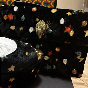 Kurt Geiger Black Velvet Clutch with Multicolor Star Accents